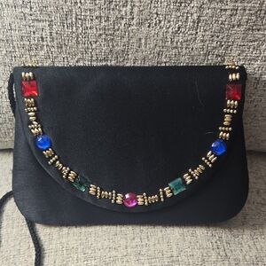 Estate Vintage Chic Black Satin Beaded Brass Clutch with Gold Accents 40" Strap